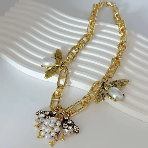 Gold Bee Pendant Necklace with Pearl Accents - Women Jewelry - Picture 2 of 5